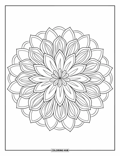 Blumenmandala-Ausmalbild für Erwachsene: Lotus- und Chrysanthemenblütenblätter bilden ein spirituelles Mandala voller ruhiger Details