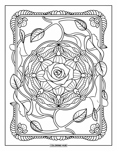 Blumenmandala-Ausmalbild für Erwachsene: Lotus- und Rosenblütenblätter wirbeln mit Ranken in einer friedlichen Mandala-Anordnung