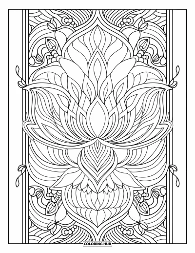 Blumenmandala-Ausmalbild für Erwachsene: Lotusblütenblätter und Ranken wirbeln nach außen in einem detailreichen, eleganten Mandala