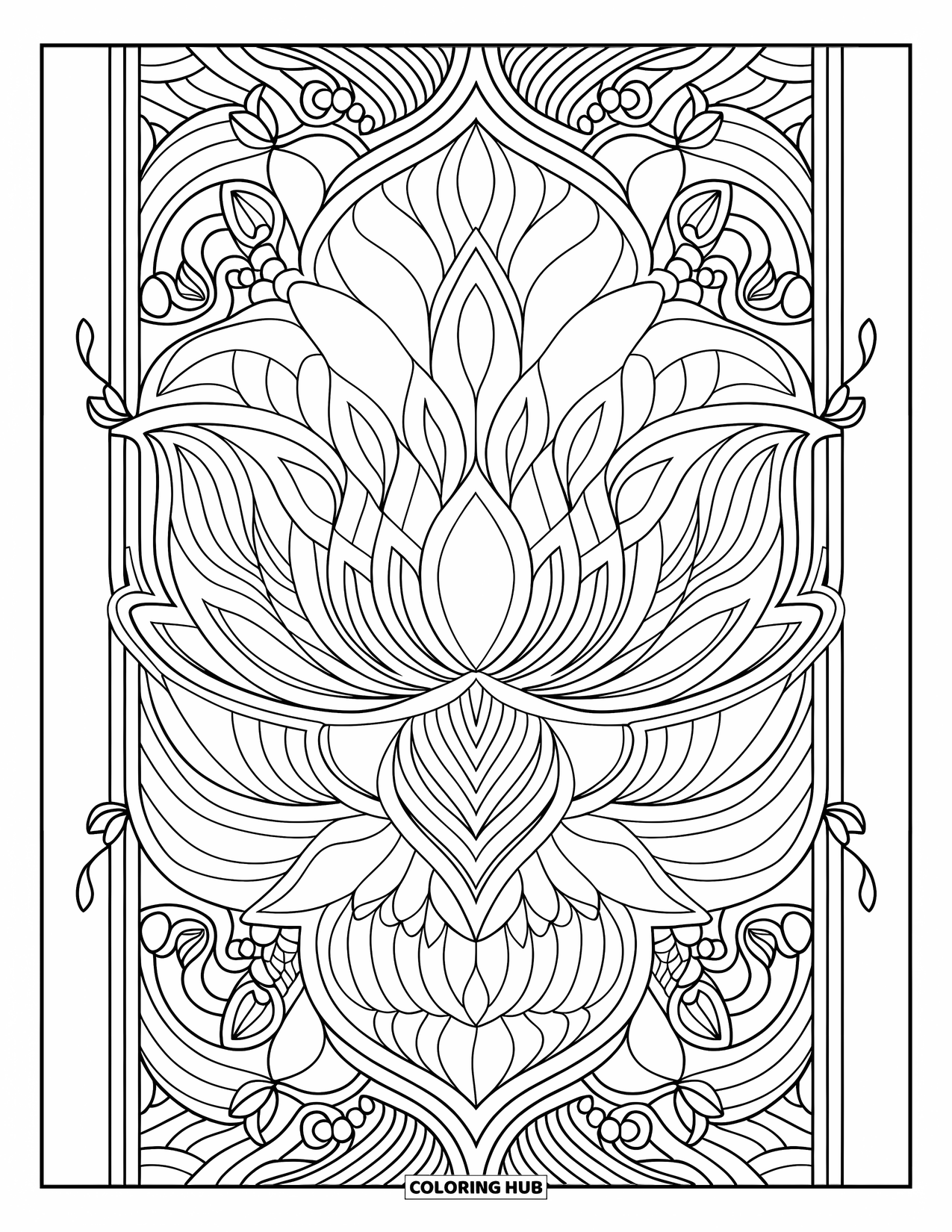 Bloemen Mandala Kleurplaat voor Volwassenen: Lotusblaadjes en wijnranken wervelen naar buiten in een gedetailleerde, elegante mandala