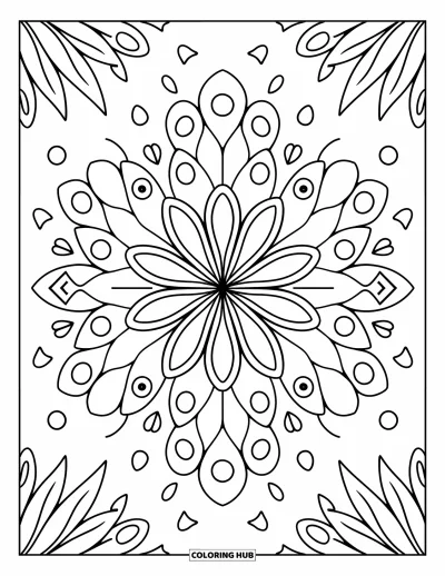 Blumenmandala-Ausmalbild für Erwachsene: Lotusblütenblätter blühen ausgewogen mit tropfenförmigen Blättern und funkelnden Sternen