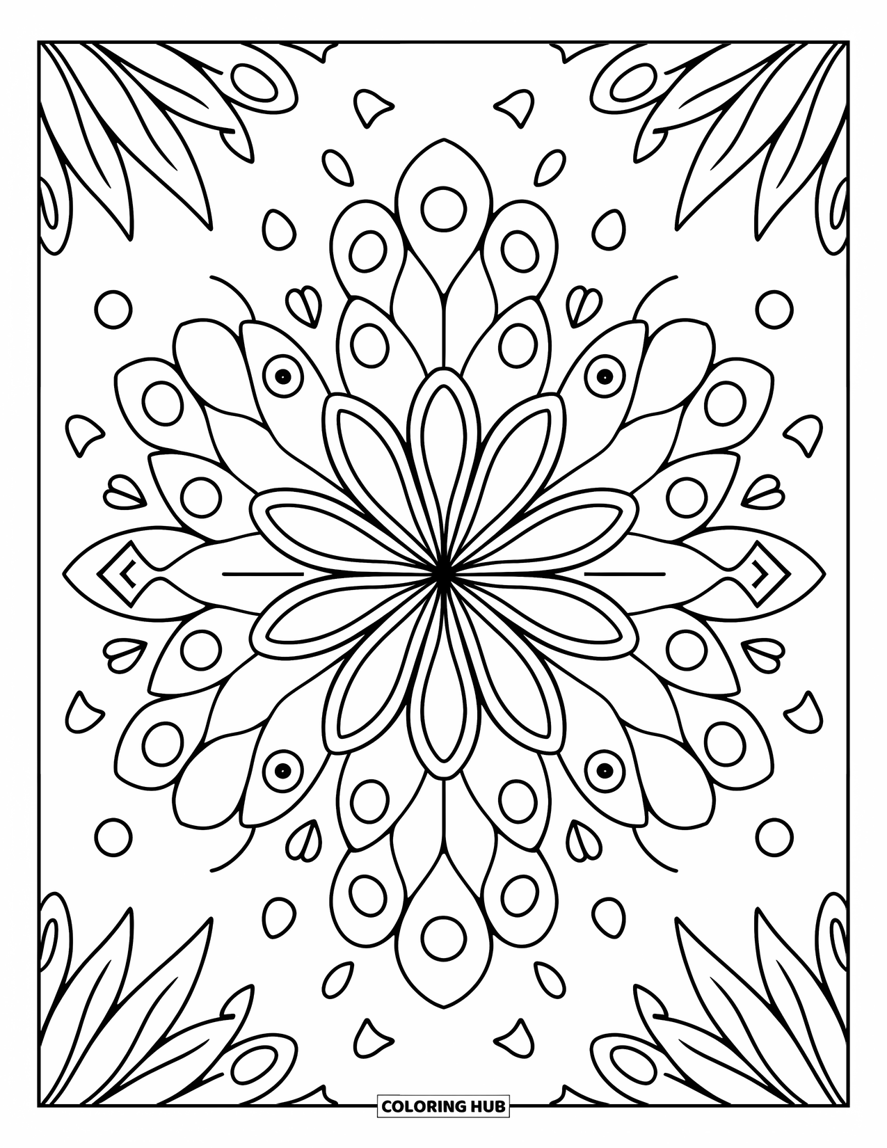 Bloemen Mandala Kleurplaat voor Volwassenen: Lotusbloemblaadjes bloeien in evenwicht met druppelvormige bladeren en sprankelende sterren