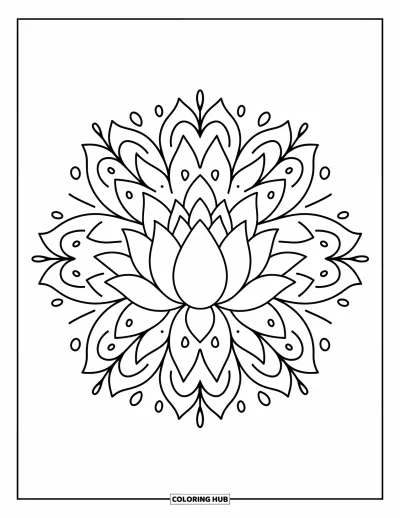 Blumenmandala-Ausmalbild für Erwachsene: Lotusblütenblätter blühen in perfekter Symmetrie mit Tropfen, Sternen und kleinen Blättern