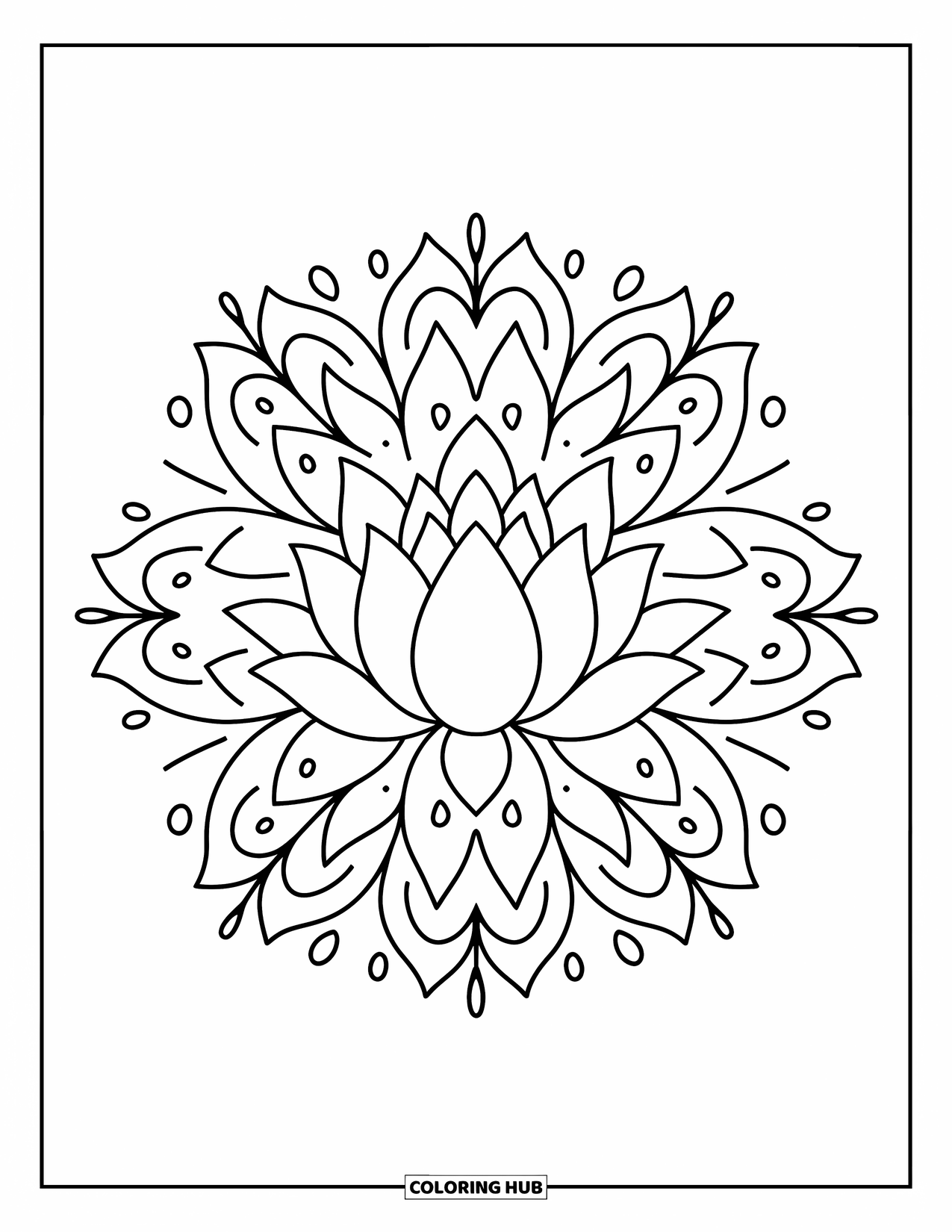 Bloemen Mandala Kleurplaat voor Volwassenen: Lotusbloemblaadjes bloeien in perfecte symmetrie met druppels, sterren en kleine blaadjes