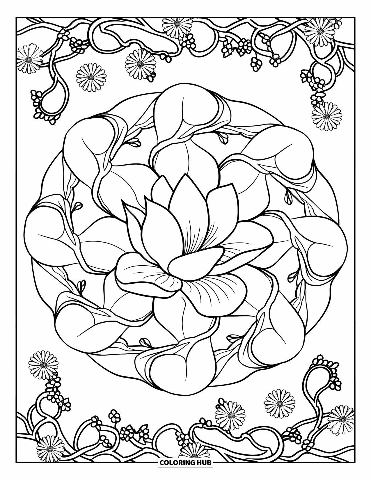 Bloemen Mandala Kleurplaat voor Volwassenen: Magnolia bloesems en wijnranken cirkelen samen in een kalme, bloemige mandala