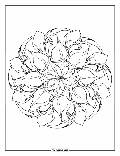 Blumenmandala-Ausmalbild für Erwachsene: Magnolienblätter blühen in Ringen, während Zweige sich durch das Design weben