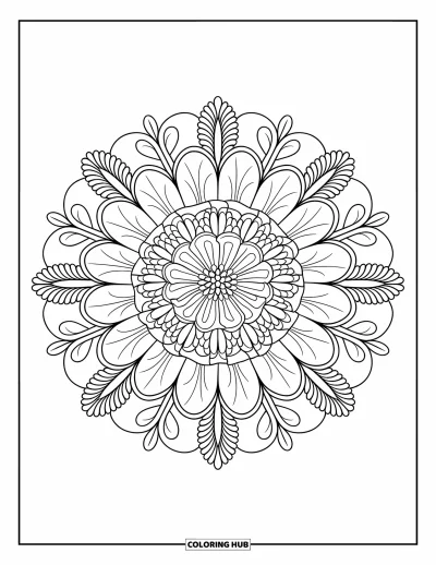Blumenmandala-Ausmalbild für Erwachsene: Ringelblumenblätter bilden ein rundes Mandala mit ruhigem, gleichmäßigem Rhythmus