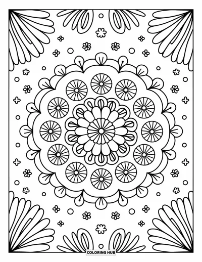 Blumenmandala-Ausmalbild für Erwachsene: Ringelblumen blühen in Schleifen mit Blütenblättern, Bonbons und tanzendem Glitzern ringsum