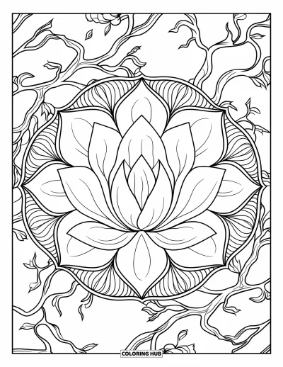 Blumenmandala-Ausmalbild für Erwachsene: Überlappende Magnolienblätter und Zweige bilden ein reich detailiertes Mandala