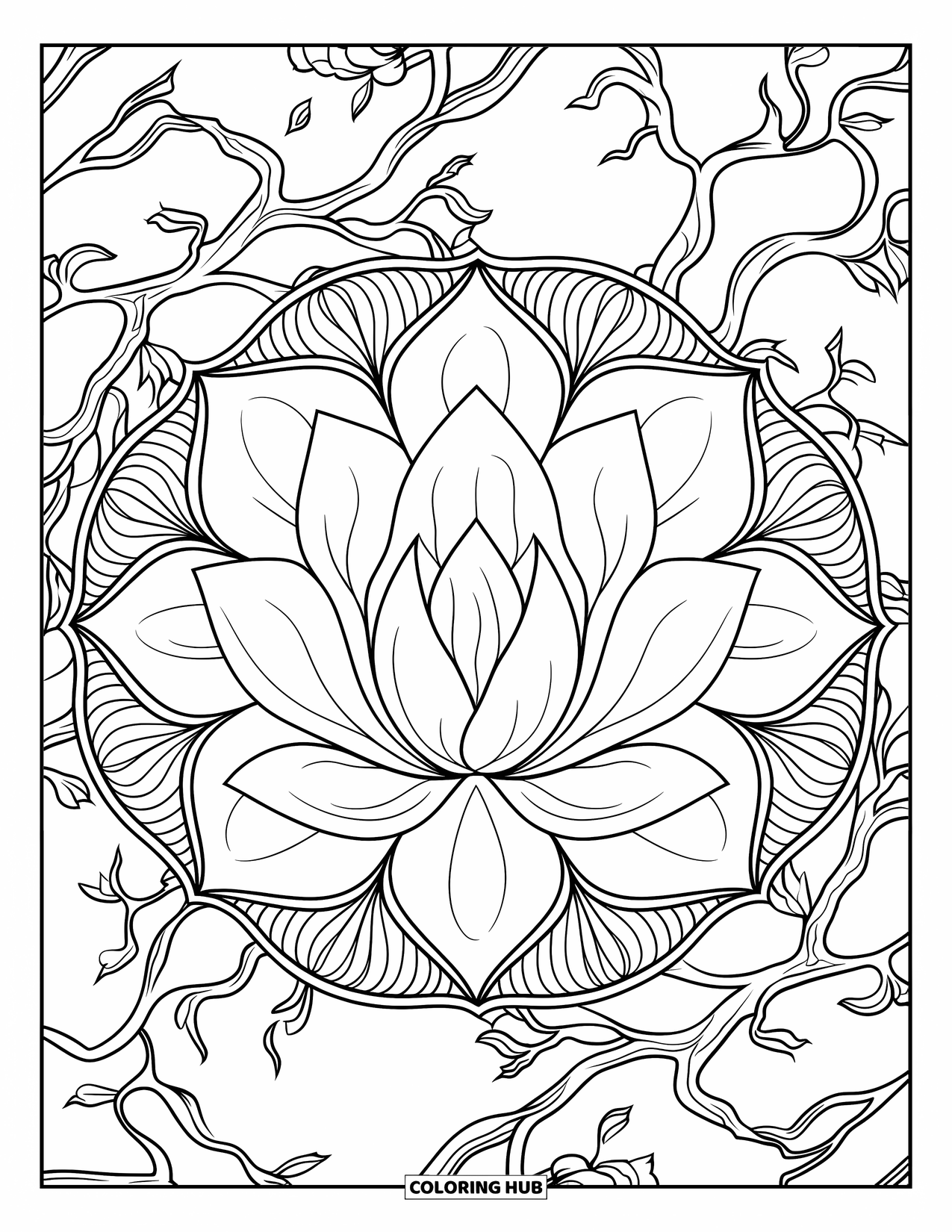 Bloemen Mandala Kleurplaat voor Volwassenen: Overlappende magnolia bloemblaadjes en takken creëren een rijk gedetailleerde mandala