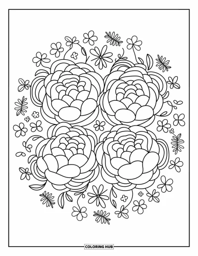 Blumenmandala-Ausmalbild für Erwachsene: Pfingstrosen wirbeln sanft in einem Mandala mit Klee, Schleifen und Spitzendetails