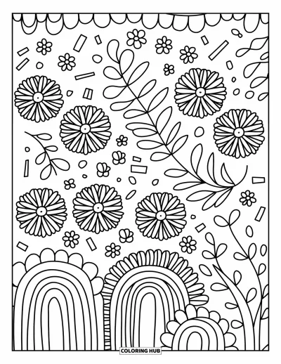 Blumenmandala-Ausmalbild für Erwachsene: Kleine Ringelblumen wirbeln in Ebenen mit Konfetti, Glitzern und runden Bonbonschleifen