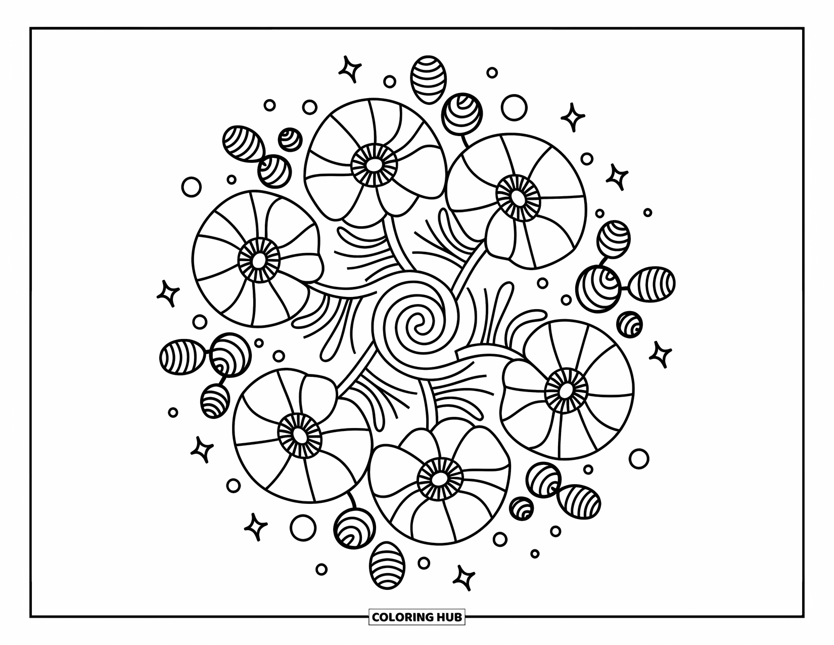Bloemen Mandala Kleurplaat voor Volwassenen: Rimpelende klaproos bloemblaadjes wervelen met zaaddozen, sterren en spiraalvormige lijnen