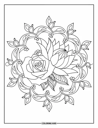 Blumenmandala-Ausmalbild für Erwachsene: Rosen und Lotusblumen verbinden sich mit geschwungenen Ranken zu einem sanften Mandalamuster