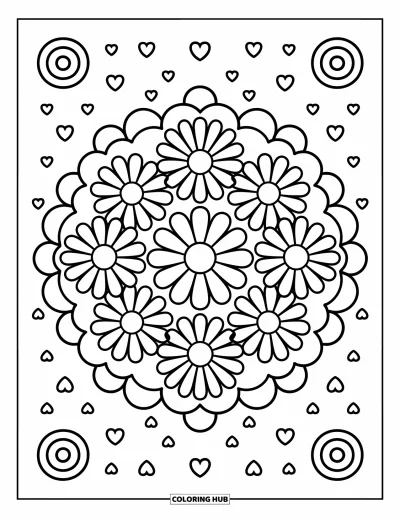 Blumenmandala-Ausmalbild für Erwachsene: Runde Gänseblümchenblätter blühen mit Herzen und verspielten Spiralen darum