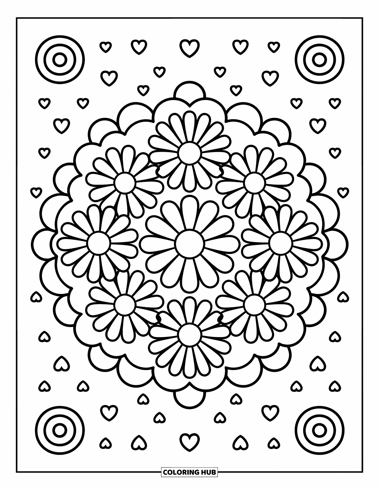 Bloemen Mandala Kleurplaat voor Volwassenen: Ronde madeliefjes bloemblaadjes bloeien met harten en speelse spiralen eromheen