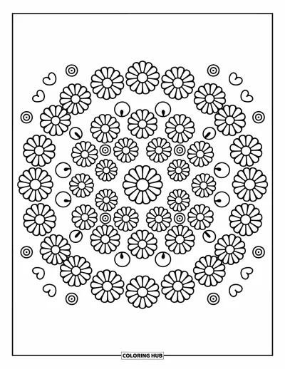 Blumenmandala-Ausmalbild für Erwachsene: Reihen von Gänseblümchen bilden ein fröhliches Mandala mit Herzen, Blasen und Wirbeln