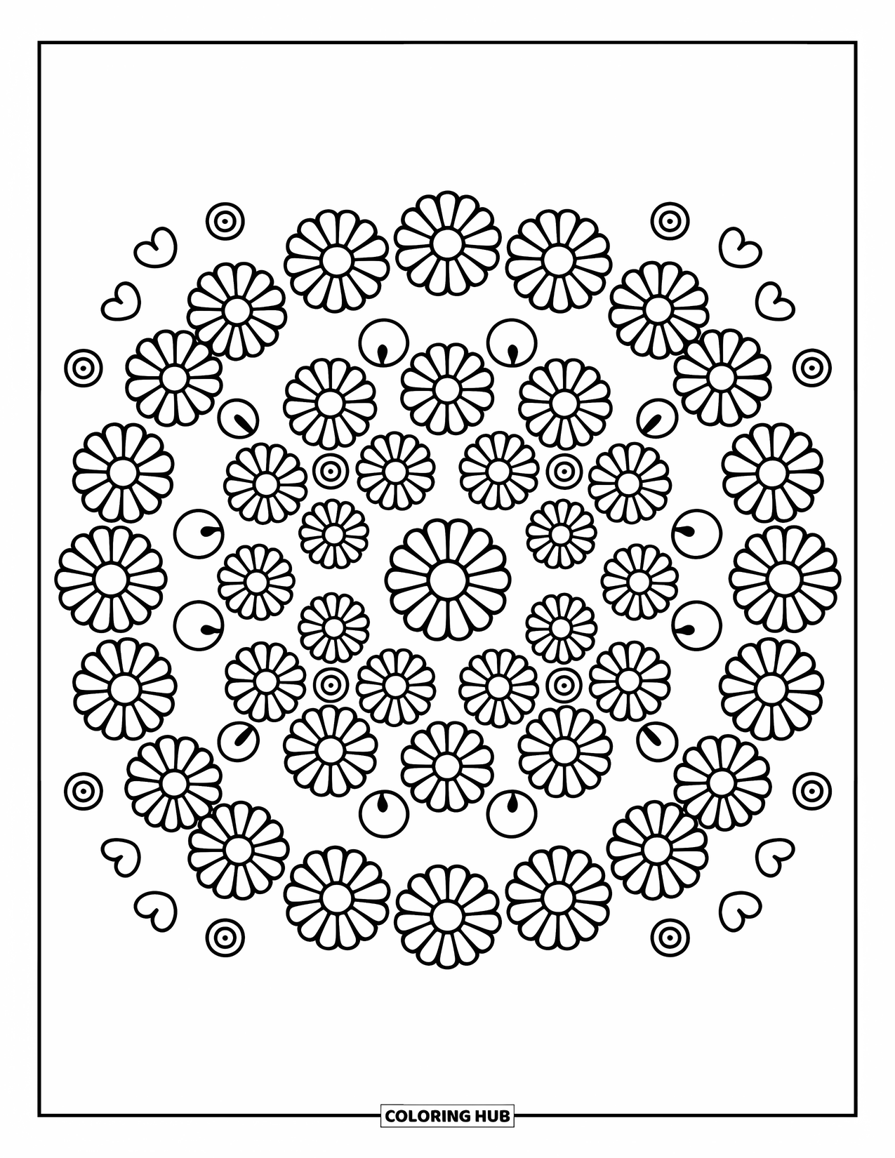 Bloemen Mandala Kleurplaat voor Volwassenen: Rijen madeliefjes vormen een vrolijke mandala met harten, bellen en wervelingen