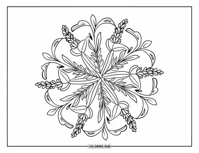 Blumenmandala-Ausmalbild für Erwachsene: Schlanke Lavendelzweige wirbeln in einem stillen Mandala mit Blattakzenten