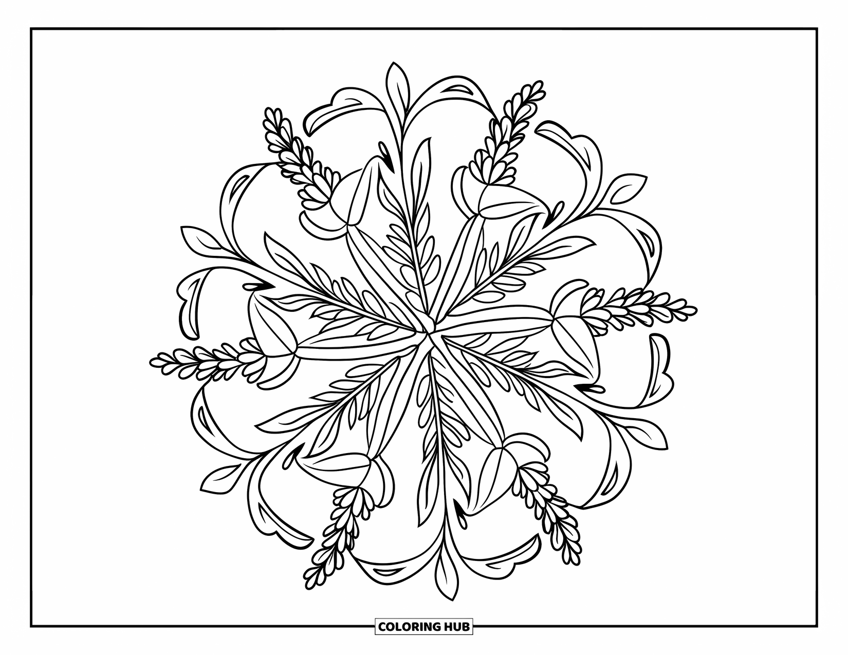 Bloemen Mandala Kleurplaat voor Volwassenen: Slanke lavendeltakken wervelen in een rustige mandala met bladaccenten