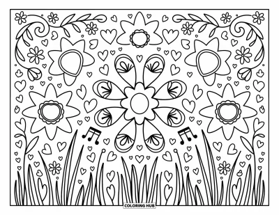 Blumenmandala-Ausmalbild für Erwachsene: Sternnarzissen strahlen mit Schleifen, Noten und kleinen Wesen in Blumenringen