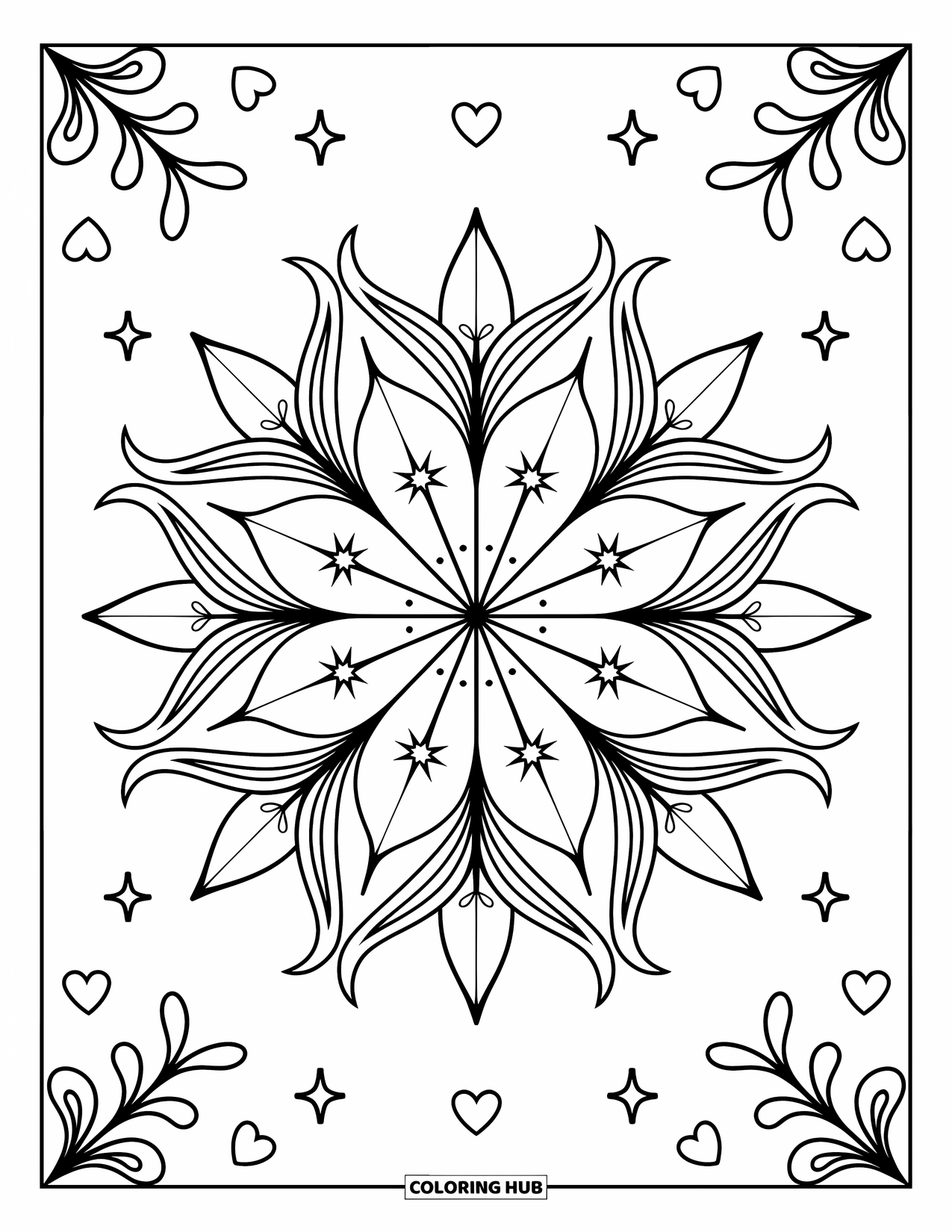 Bloemen Mandala Kleurplaat voor Volwassenen: Sterren lelies wervelen met fonkelende glitters, harten en zachte bladeren