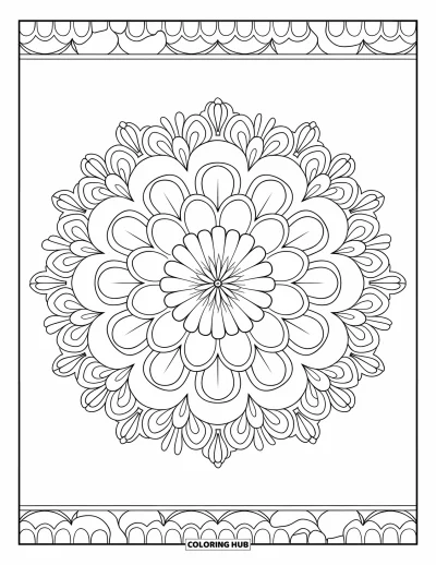 Blumenmandala-Ausmalbild für Erwachsene: Symmetrische Ringelblumenblätter blühen mit sanften Details in einem klaren Mandalastil