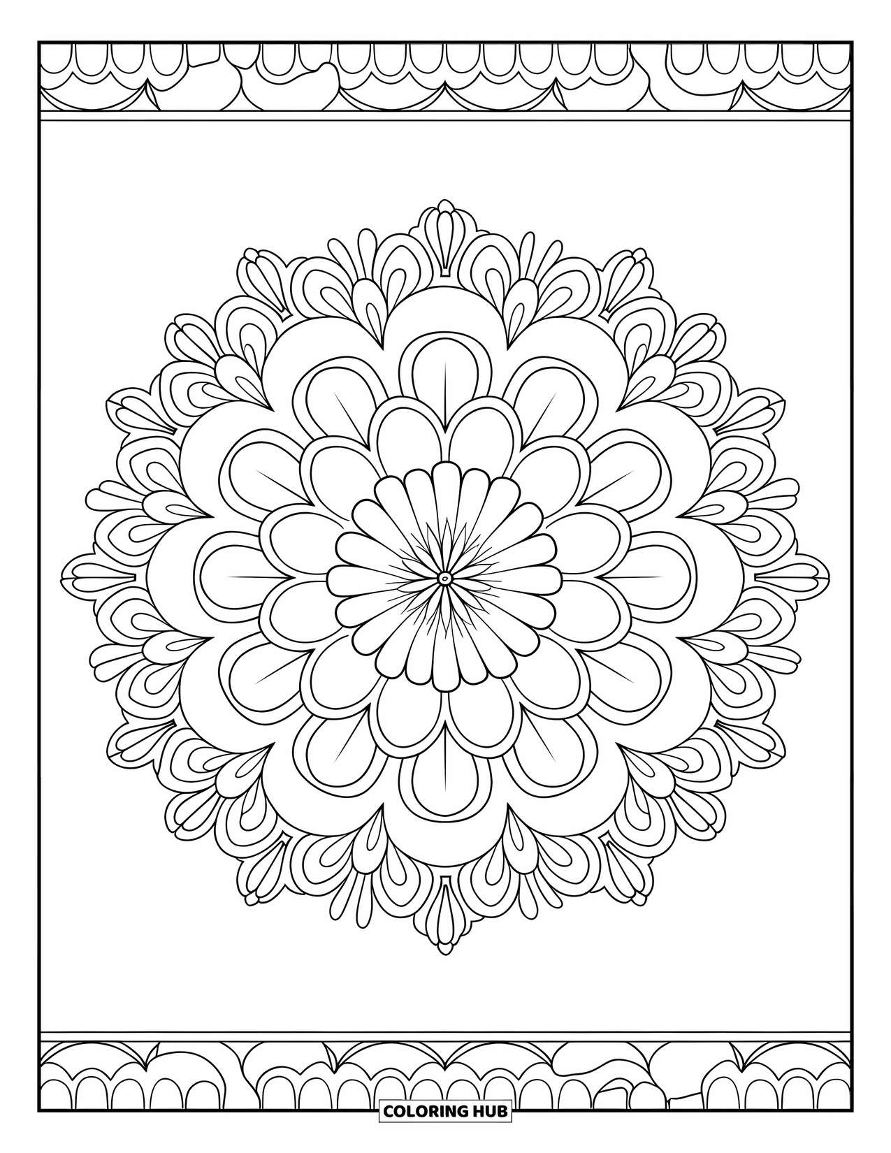 Bloemen Mandala Kleurplaat voor Volwassenen: Symmetrische goudsbloemblaadjes bloeien met zachte details in een strakke mandala stijl