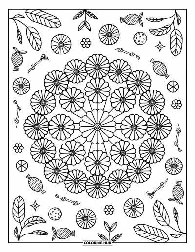 Blumenmandala-Ausmalbild für Erwachsene: Dicht geschichtete Ringelblumen formen ein Mandala mit bonbonartigen Schleifen und Blattbögen