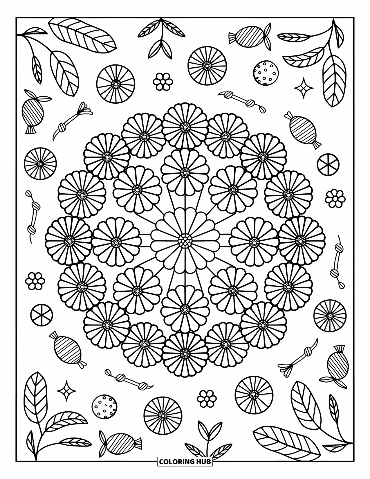 Bloemen Mandala Kleurplaat voor Volwassenen: Strak gelaagde goudsbloemen vormen een mandala met snoep lussen en bladerige bogen