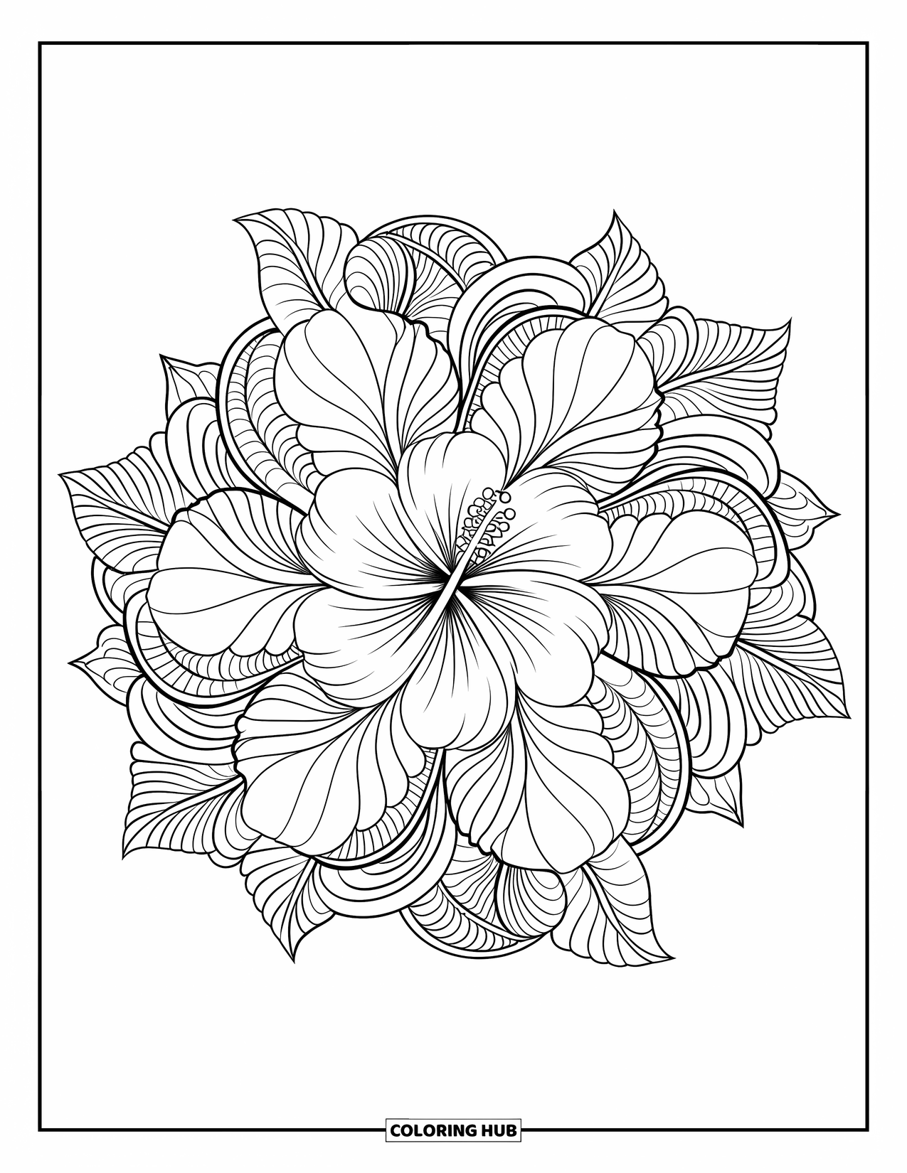 Bloemen Mandala Kleurplaat voor Volwassenen: Tropische hibiscusblaadjes vormen een sierlijke mandala met elegante, vloeiende lijnen