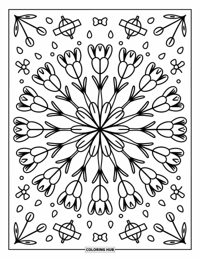 Blumenmandala-Ausmalbild für Erwachsene: Tulpenblüten bilden ein sanftes Mandala mit Schleifen, Blättern und kleinen Regentropfen