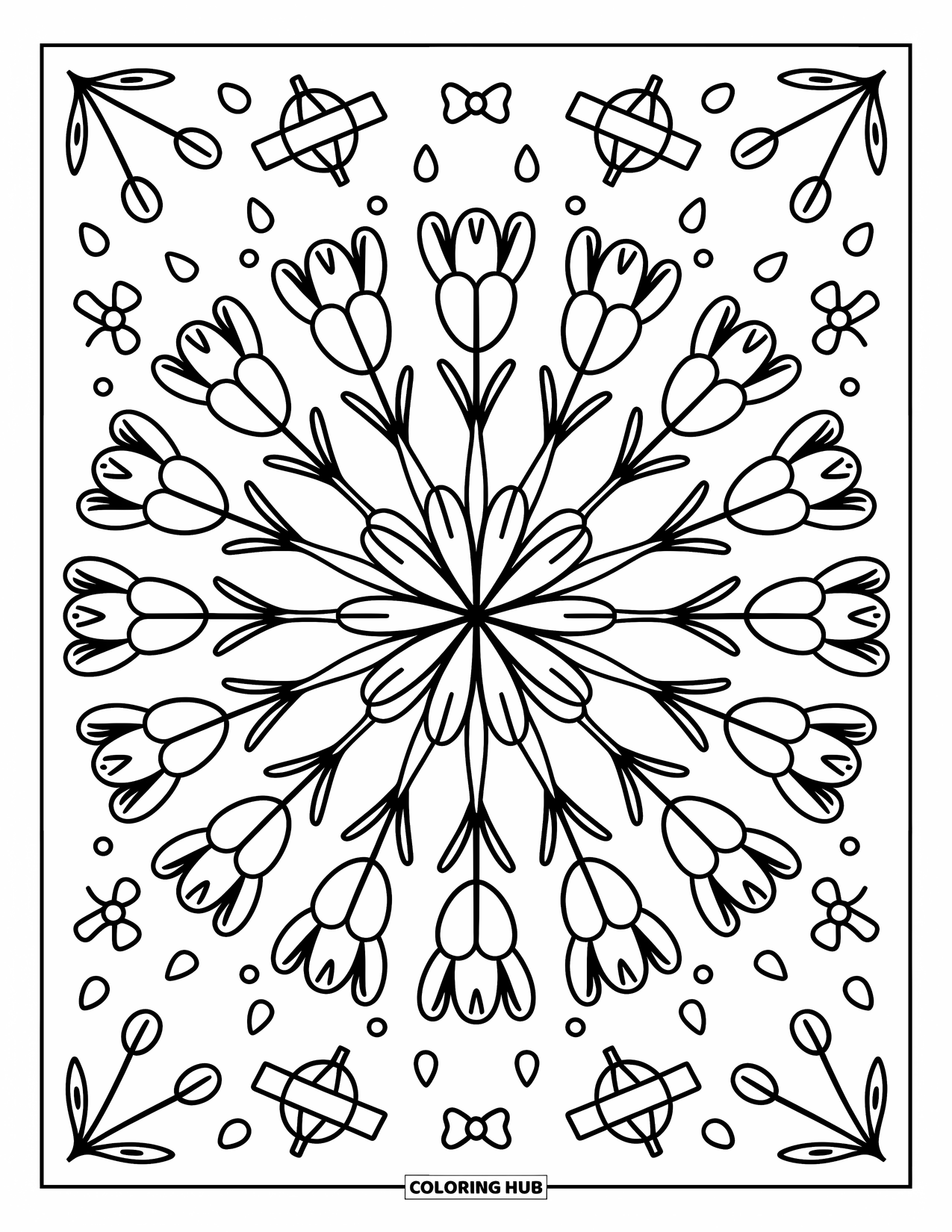 Bloemen Mandala Kleurplaat voor Volwassenen: Tulpenbloemen vormen een zachte mandala met strikken, bladeren en kleine regendruppels