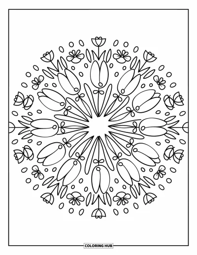 Blumenmandala-Ausmalbild für Erwachsene: Tulpen blühen in perfekten Ringen mit Regentropfen, Schleifen und kleinen Regenschirmen