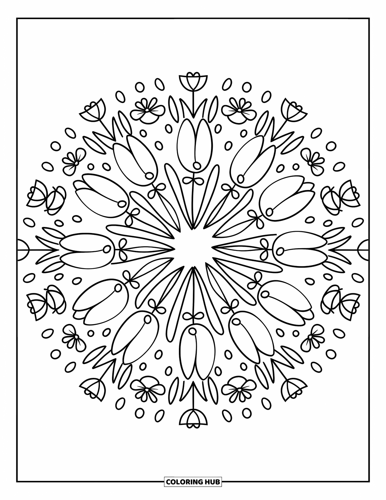 Bloemen Mandala Kleurplaat voor Volwassenen: Tulpen bloeien in perfecte ringen met regendruppels, strikken en kleine paraplu's