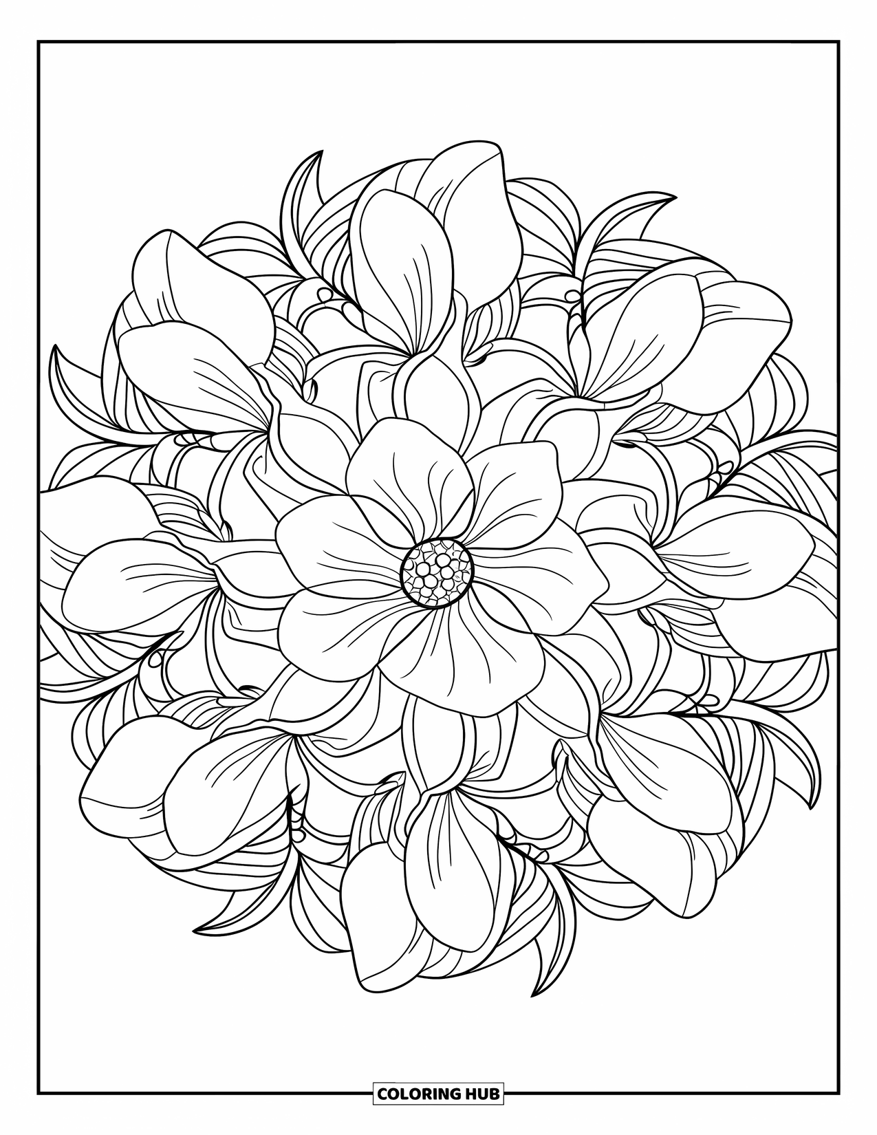 Bloemen Mandala Kleurplaat voor Volwassenen: Brede magnolia bloemblaadjes en kronkelende takken vormen een vredige, ingewikkelde mandala