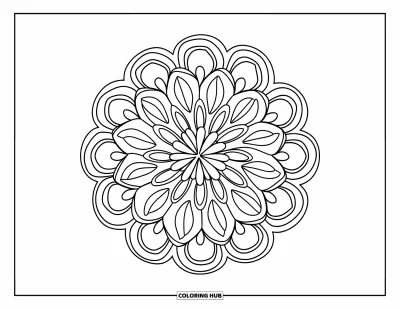 Blumenmandala-Ausmalbild für Kinder: Ein kräftiges Blumenmandala mit geschichteten Blütenblättern wie eine blühende Explosion angeordnet