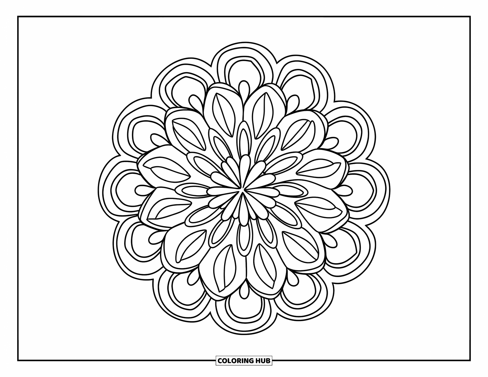 Bloemen Mandala Kleurplaat voor Kinderen: Een dikke bloemen mandala met gelaagde bloemblaadjes gerangschikt als een bloeiende explosie