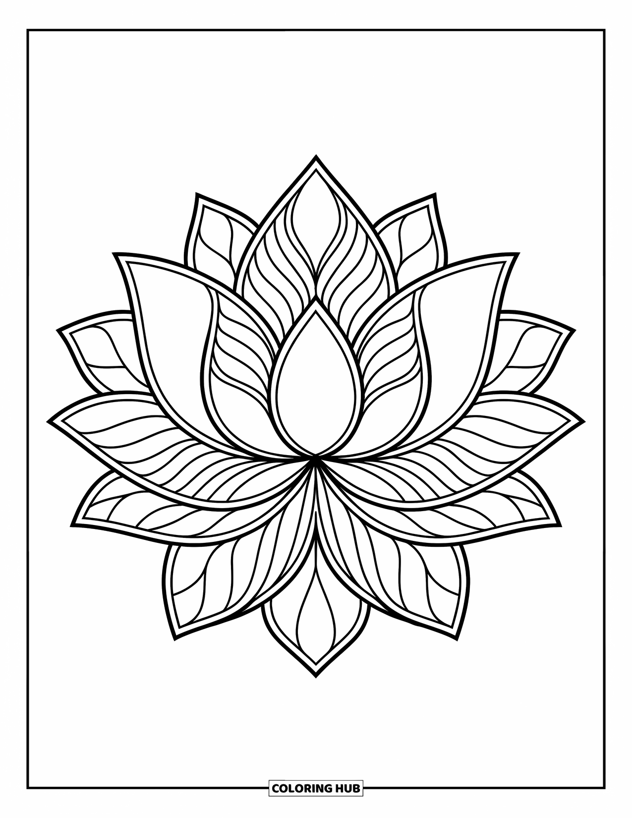 Bloemen Mandala Kleurplaat voor Kinderen: Een dikke lotus mandala met gelaagde bloemblaadjes en een heldere, kindvriendelijke stijl