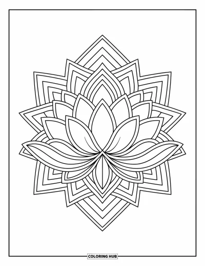 Blumenmandala-Ausmalbild für Kinder: Ein zentriertes Lotusmandala mit Rautenformen rundherum in kräftigen Linien
