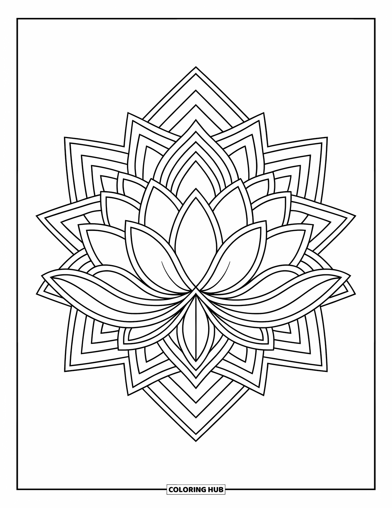 Bloemen Mandala Kleurplaat voor Kinderen: Een gecentreerde lotus mandala met diamantvormen eromheen in dikke lijnen