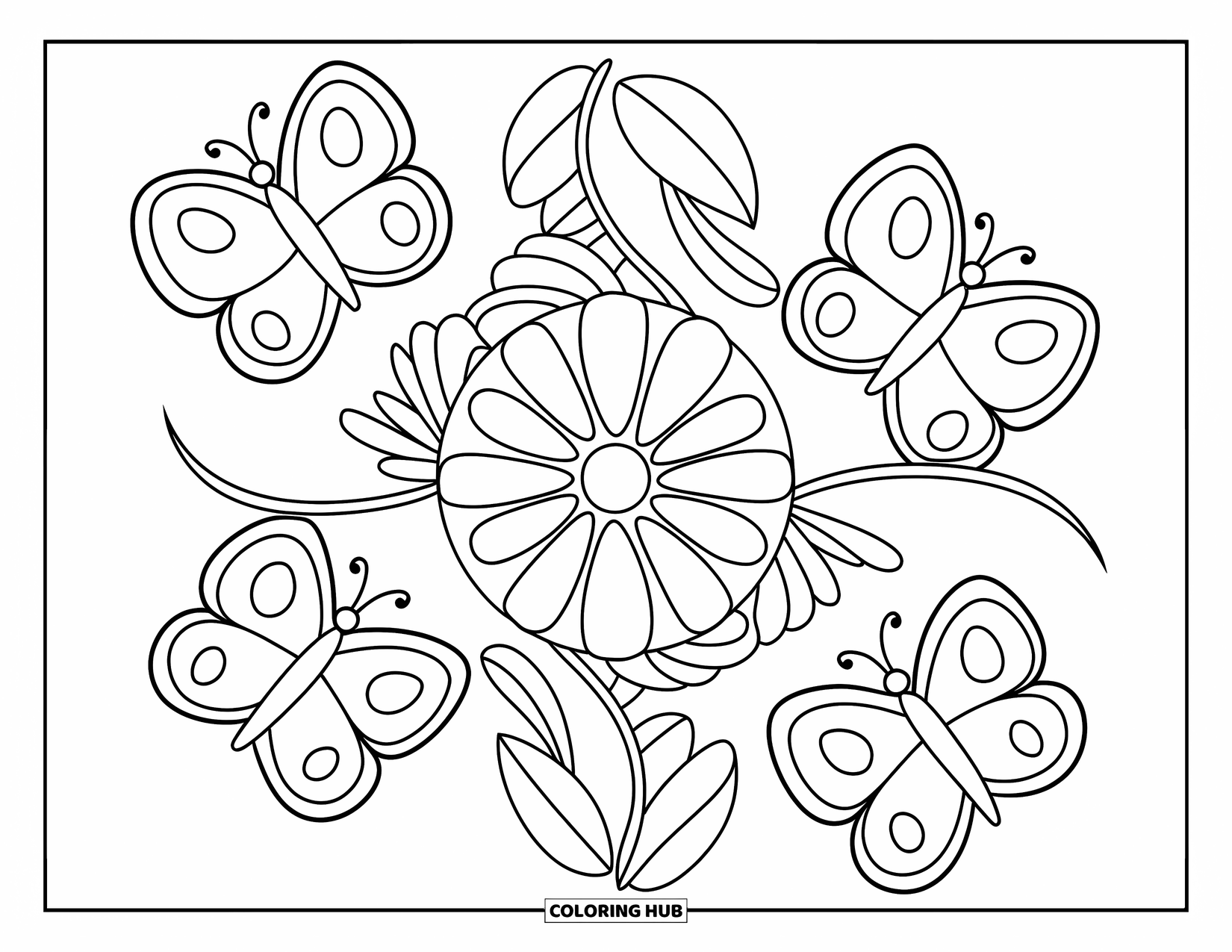 Bloemen Mandala Kleurplaat voor Kinderen: Een vrolijke mandala met grote vlinders en grote, gemakkelijk in te kleuren secties