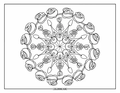 Blumenmandala-Ausmalbild für Kinder: Ein Blumenmandala aus Rosen, Tulpen und kleinen Blüten in sanften Ringen
