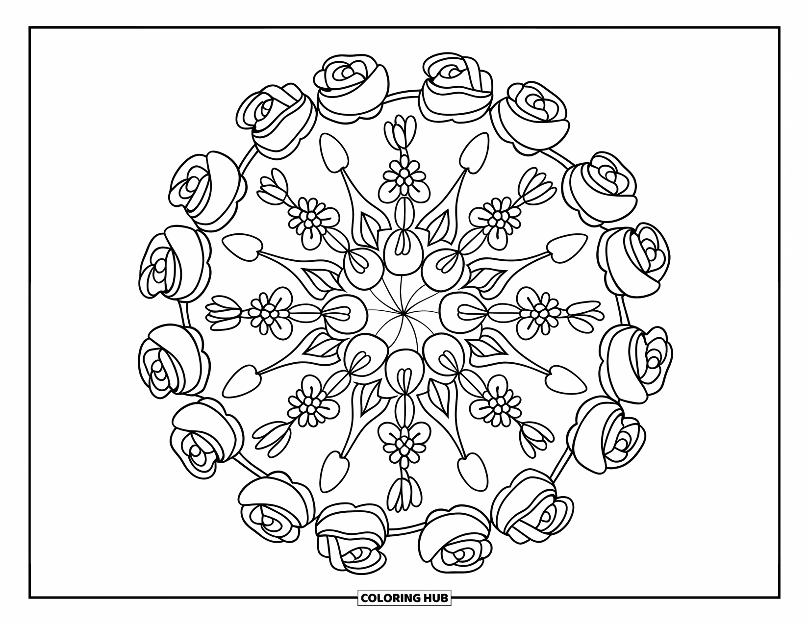 Bloemen Mandala Kleurplaat voor Kinderen: Een bloemen mandala gemaakt van rozen, tulpen en kleine bloesems in zachte ringen