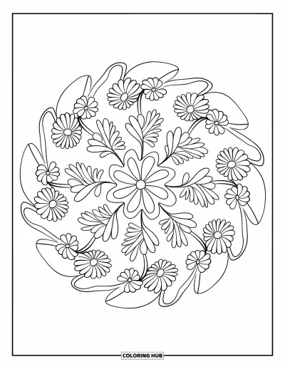 Blumenmandala-Ausmalbild für Kinder: Ein Blumenmandala mit kräftigen Wildblumen und fließenden Blattformen im Kreis