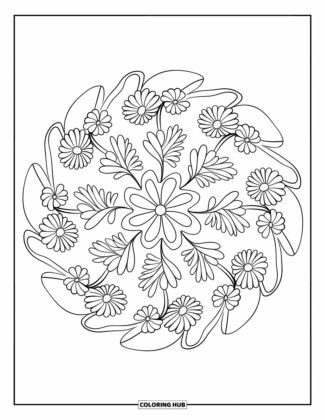 Bloemen Mandala Kleurplaat voor Kinderen: Een bloemen mandala met dikke wilde bloemen en vloeiende bladvormen in een cirkel