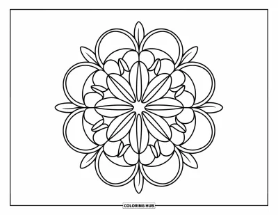 Blumenmandala-Ausmalbild für Kinder: Ein Blumenmandala mit geschwungenen Blütenblättern und fächerartigen Blättern im Kreis