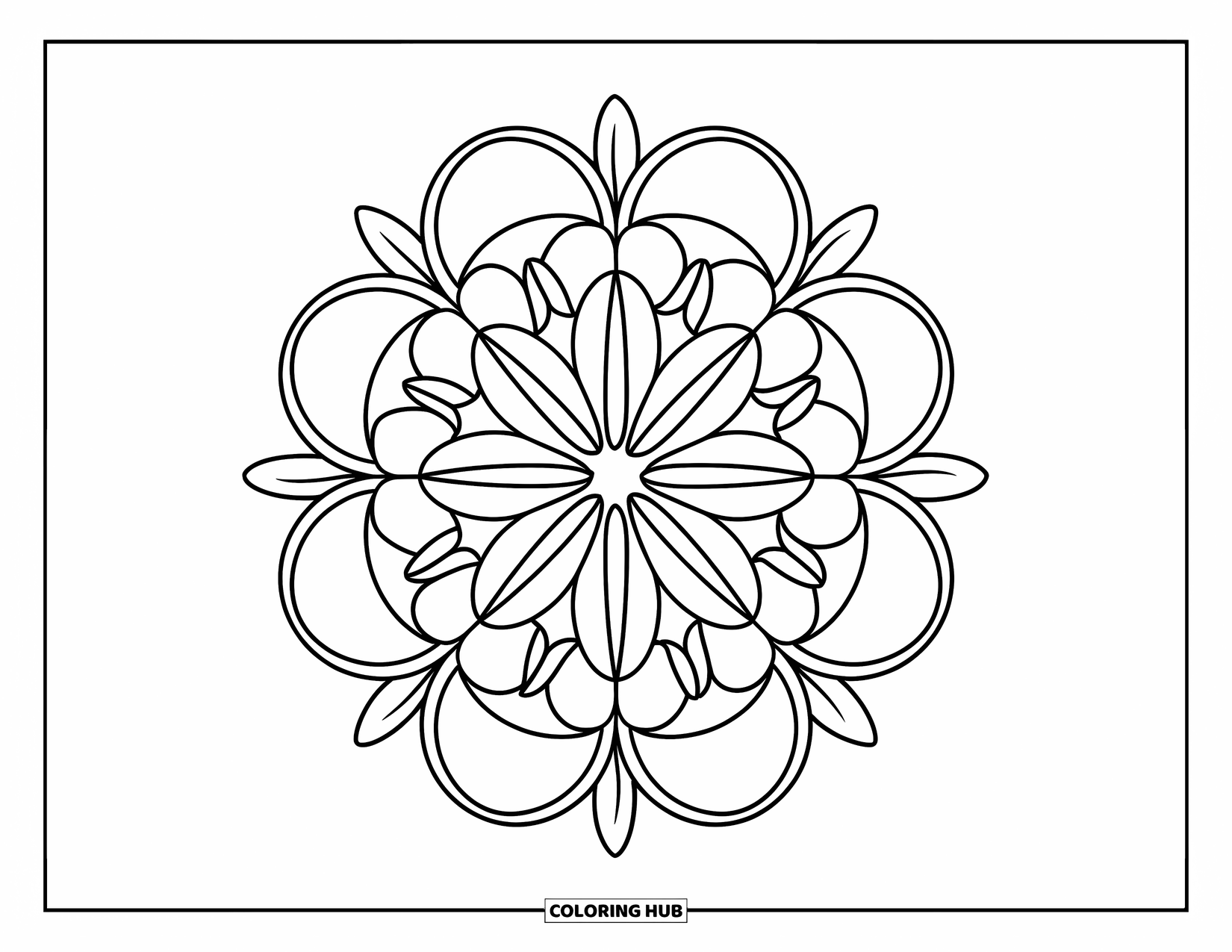 Bloemen Mandala Kleurplaat voor Kinderen: Een bloemen mandala met gebogen bloemblaadjes en waaiervormige bladeren gerangschikt in een cirkel