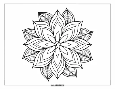 Blumenmandala-Ausmalbild für Kinder: Ein Blumenmandala mit überlappenden Blütenblättern und Blättern in einem detailreichen Ring