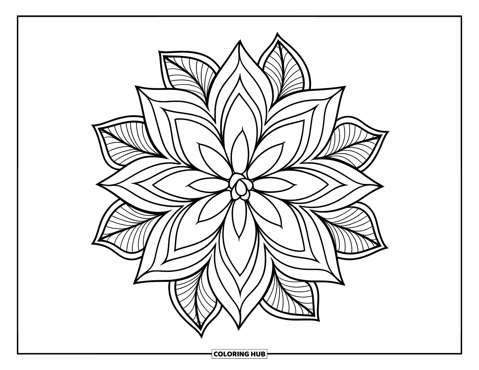 Bloemen Mandala Kleurplaat voor Kinderen: Een bloemen mandala met overlappende bloemblaadjes en bladeren gerangschikt in een gedetailleerde ring